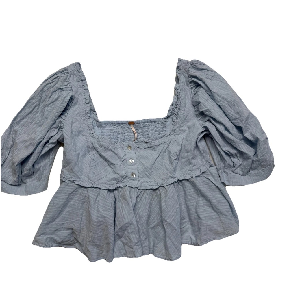 Free People Leave it to Me Crop Top Womens Medium Blue Boho Smock Peasant Sleeve